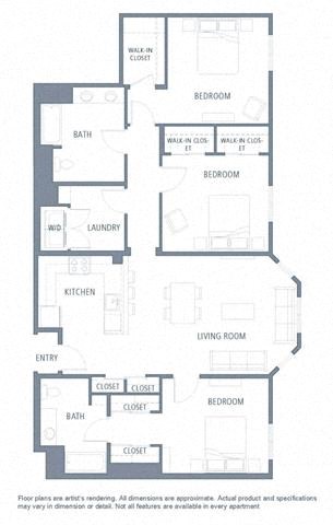 Floor plan for 3 beds, 2 baths, 1529 sqft