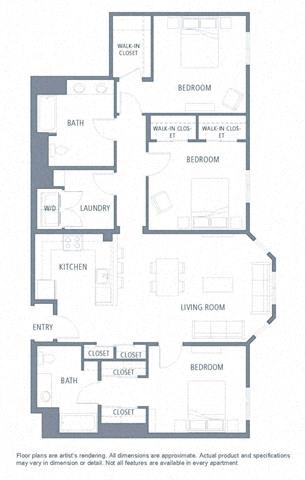 Floor plan for 3 beds, 2 baths, 1587 sqft