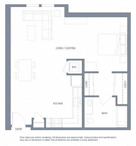 Floor plan for studio, 1 bath, 805 sqft