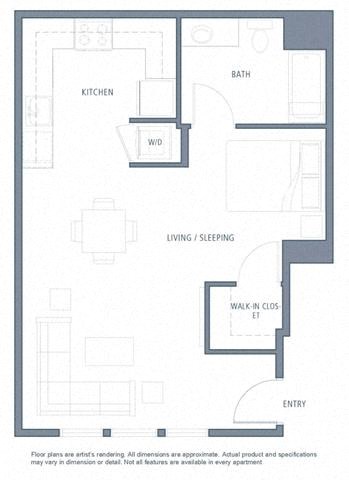 Floor plan for studio, 1 bath, 619 sqft
