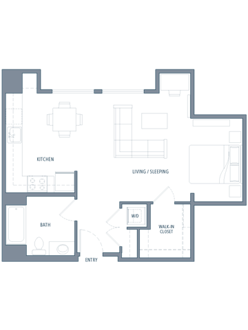 Floor plan for studio, 1 bath, 655 sqft