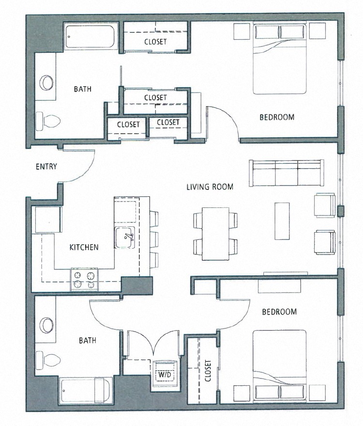 Floor plan for 2 beds, 2 baths, 1136 sqft