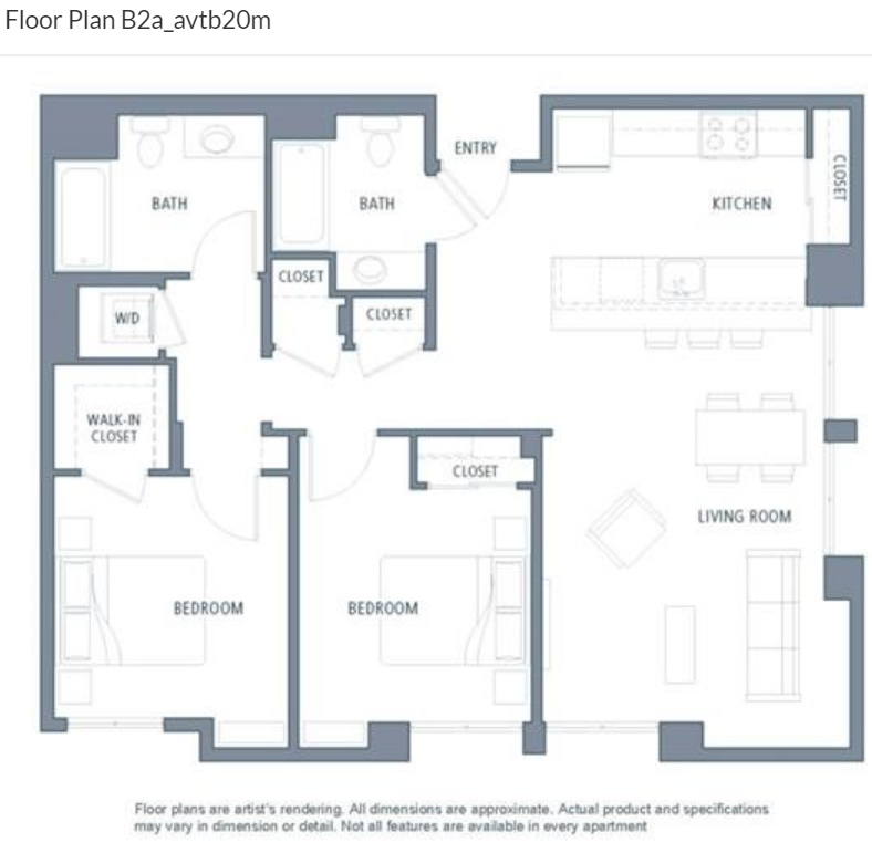 Floor plan for 2 beds, 2 baths, 1147 sqft