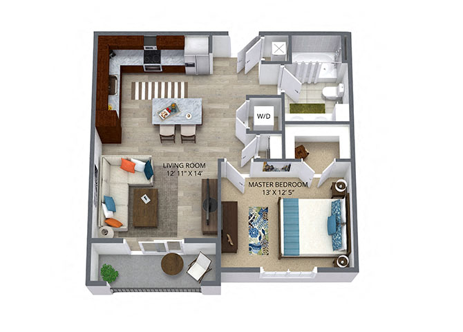 Floor plan for 1 bed, 1 bath, 670 sqft