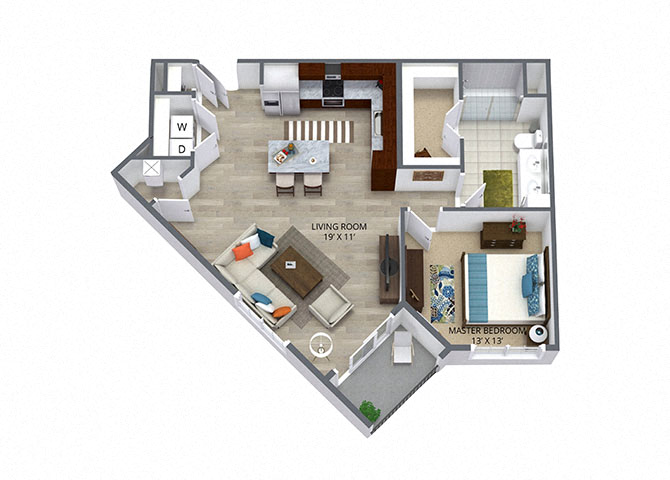 Floor plan for 1 bed, 1 bath, 789 sqft