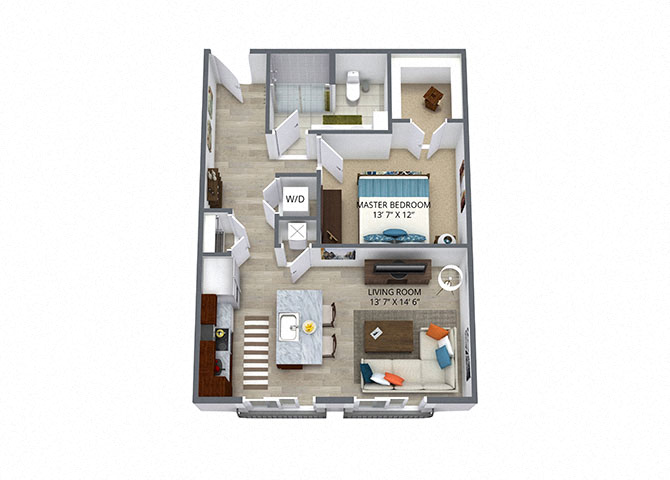 Floor plan for 1 bed, 1 bath, 723 sqft
