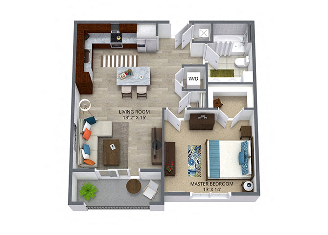 Floor plan for 1 bed, 1 bath, 688 sqft