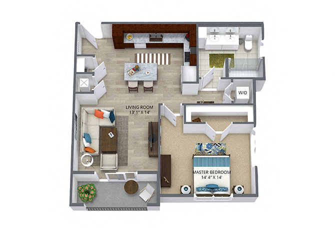 Floor plan for 1 bed, 1 bath, 767 sqft