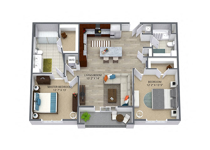 Floor plan for 2 beds, 2 baths, 1057 sqft