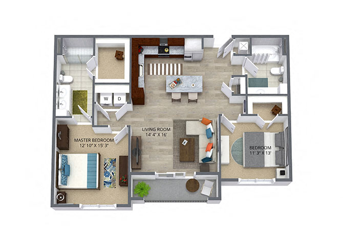 Floor plan for 2 beds, 2 baths, 1075 sqft