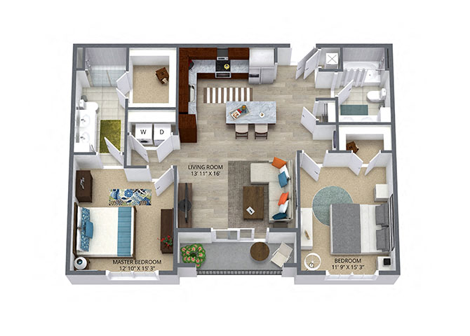 Floor plan for 2 beds, 2 baths, 1100 sqft