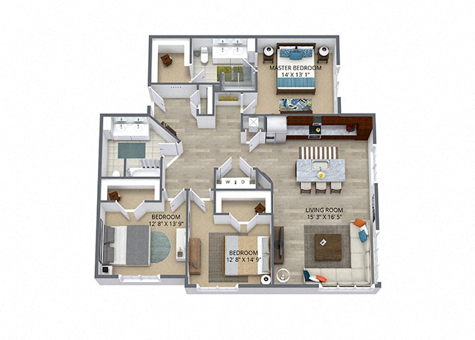 Floor plan for 3 beds, 2 baths, 1496 sqft