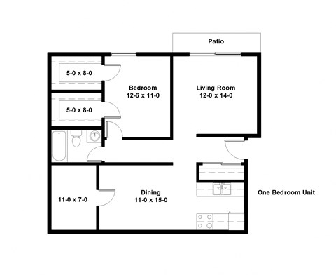 Floor plan for 1 bed, 1 bath, 832 sqft