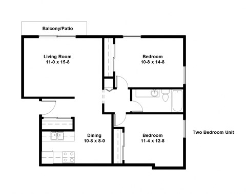 Floor plan for 2 beds, 1 bath, 885 sqft