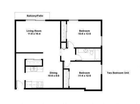 Floor plan for 2 beds, 1 bath, 918 sqft