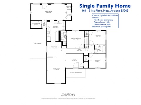 Floor plan for 3 beds, 2 baths, 1517 sqft