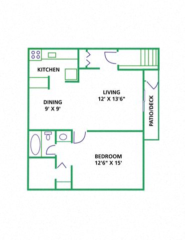 Floor plan for 1 bed, 1 bath, 750 sqft