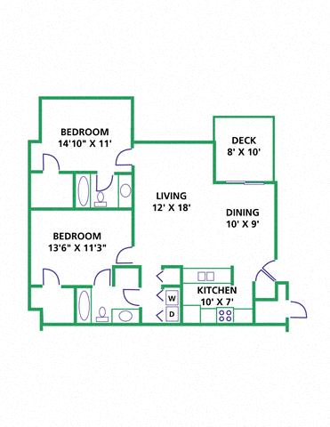Floor plan for 2 beds, 2 baths, 1018 sqft