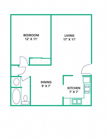 Floor plan for 1 bed, 1 bath, 750 sqft