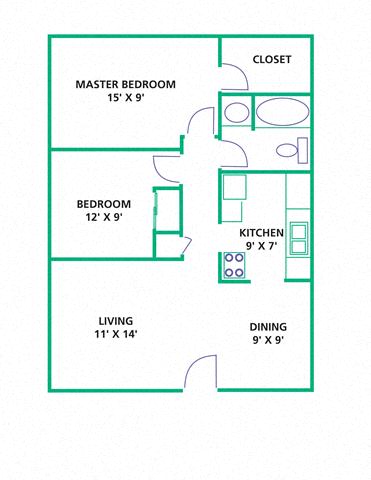 Floor plan for 2 beds, 1 bath, 850 sqft