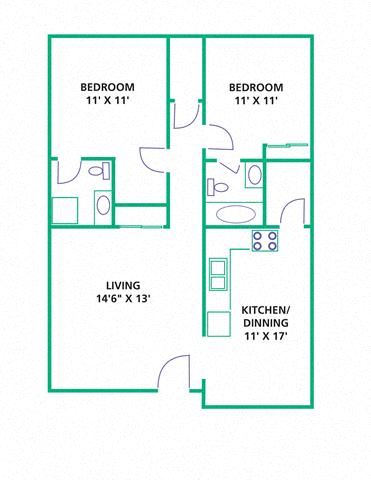 Floor plan for 2 beds, 2 baths, 985 sqft