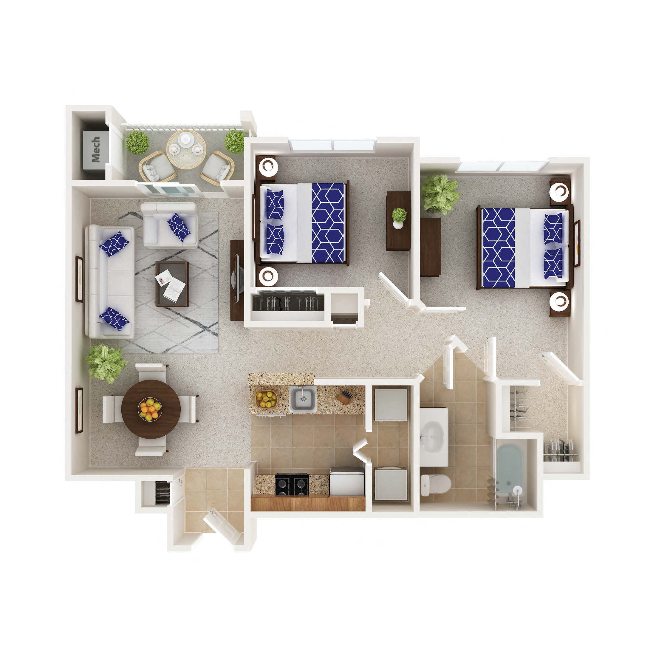 Floor plan for 2 beds, 1 bath, 845 sqft