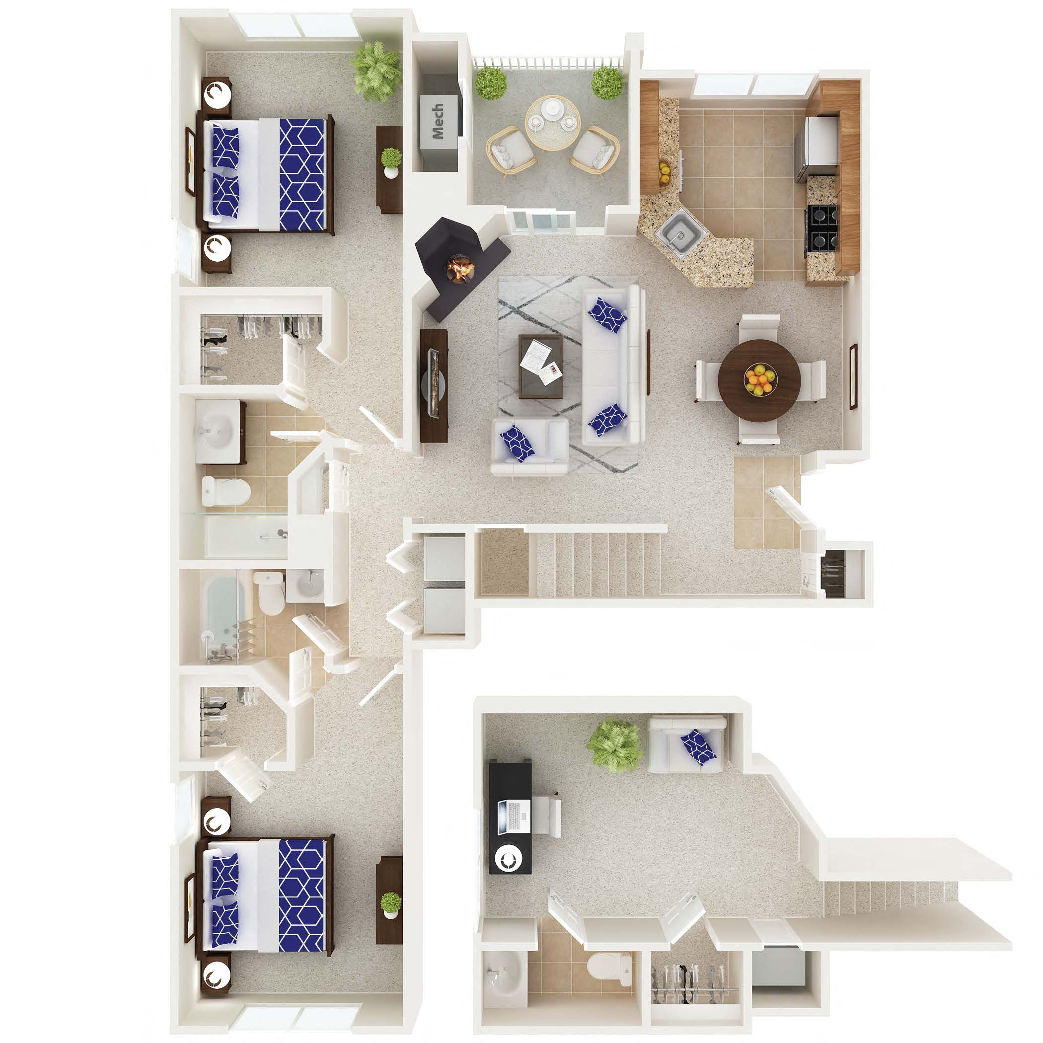 Floor plan for 2 beds, 2.5 baths, 1365 sqft