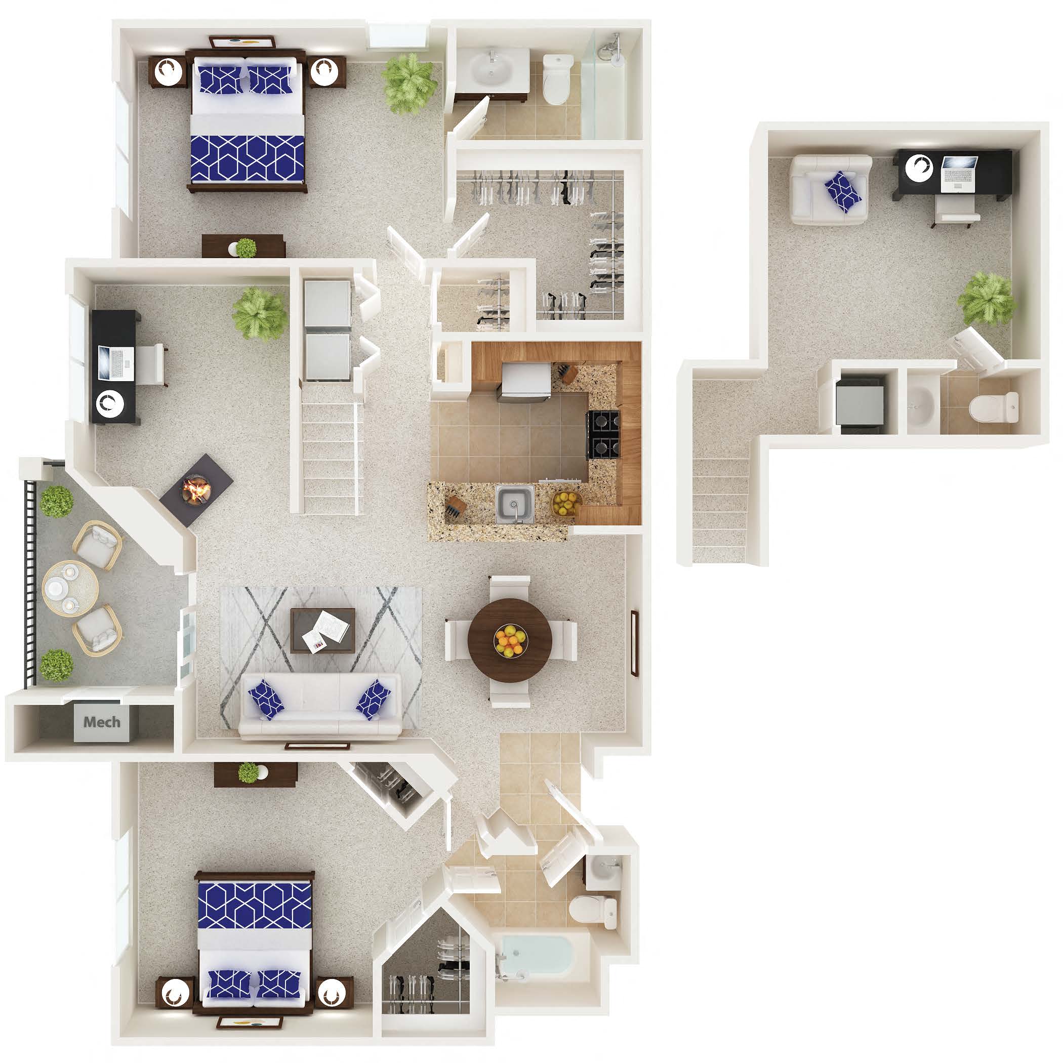 Floor plan for 2 beds, 2.5 baths, 1435 sqft