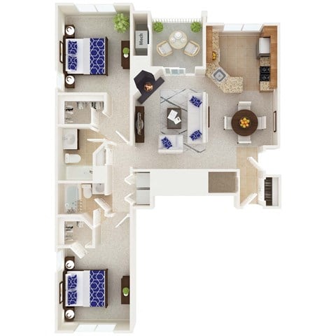 Floor plan for 2 beds, 2 baths, 1185 sqft