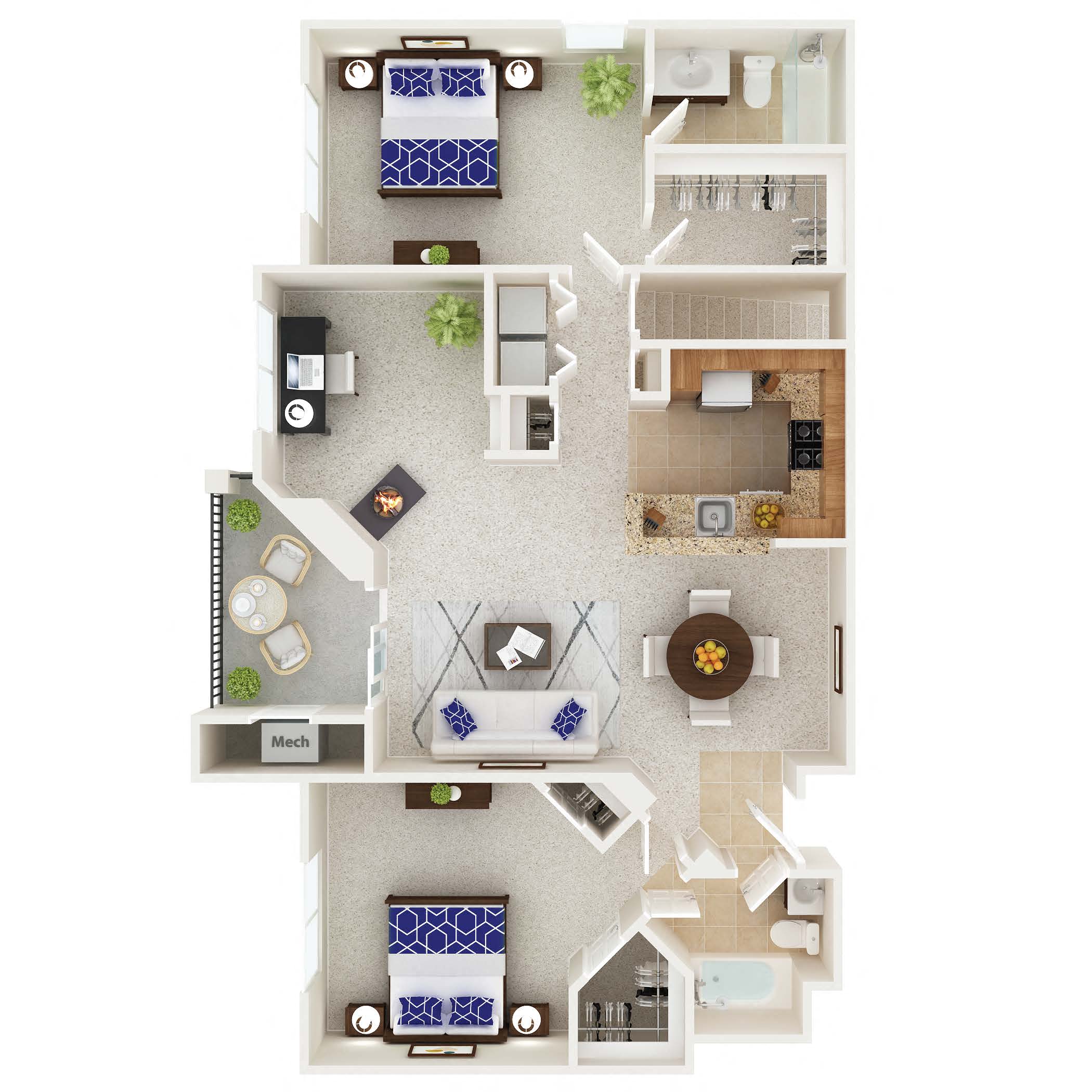 Floor plan for 2 beds, 2 baths, 1245 sqft