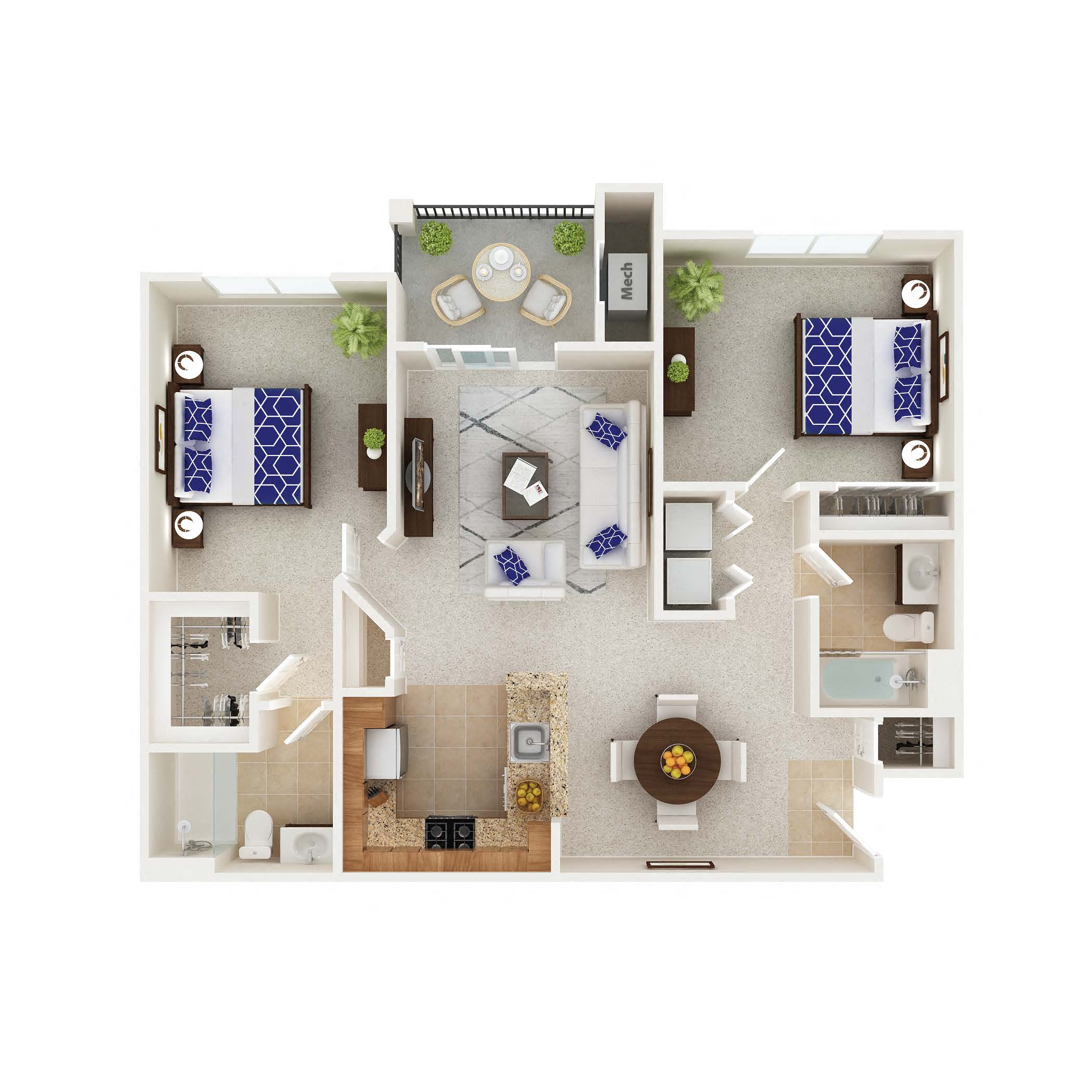Floor plan for 2 beds, 2 baths, 985 sqft