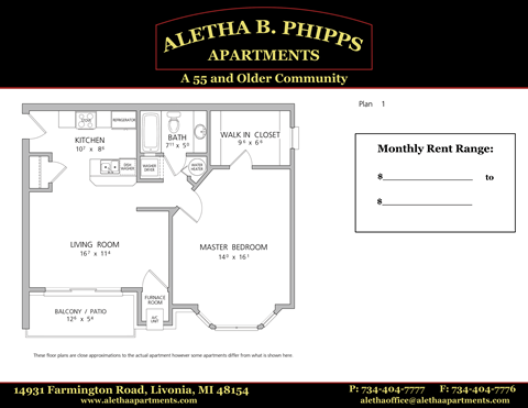 Floor plan for 1 bed, 1 bath, 816 sqft