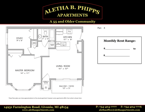 Floor plan for 1 bed, 1 bath, 796 sqft