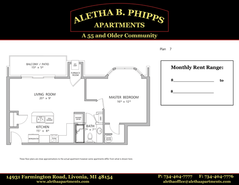 Floor plan for 1 bed, 1 bath, 770 sqft