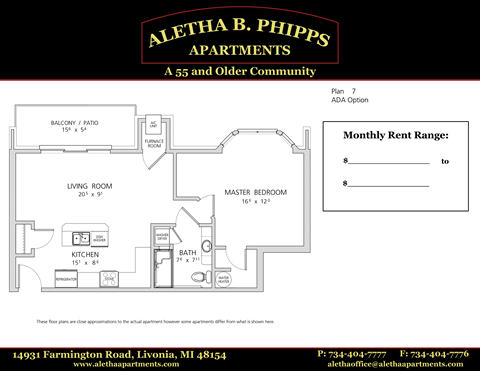 Floor plan for 1 bed, 1 bath, 770 sqft