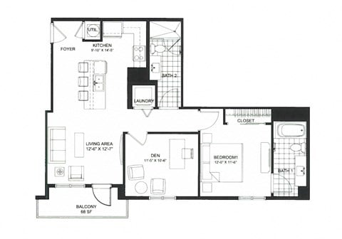 Floor plan for 1 bed, 2 baths, 935 sqft