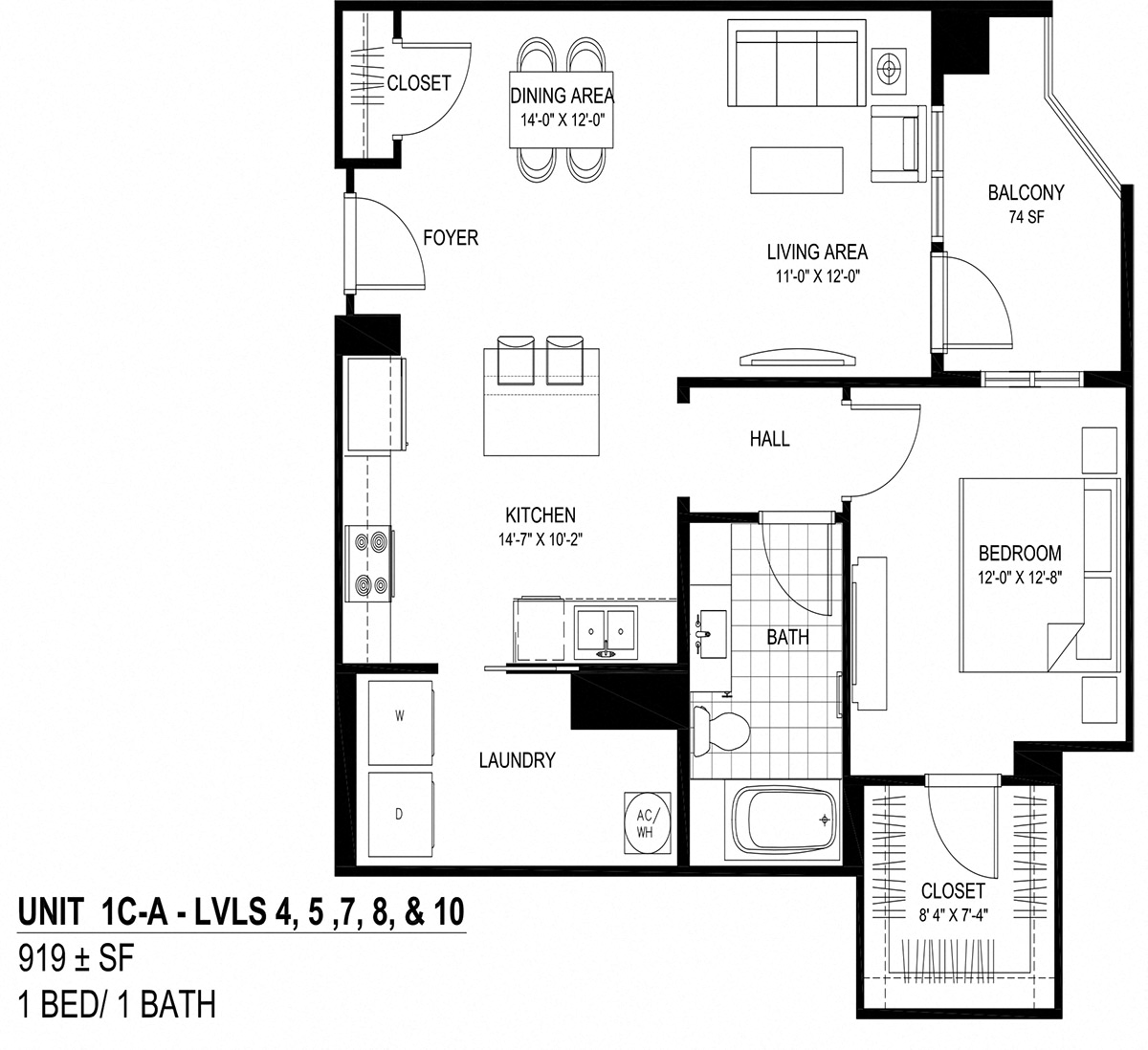 Floor plan for 1 bed, 1 bath, 910 sqft