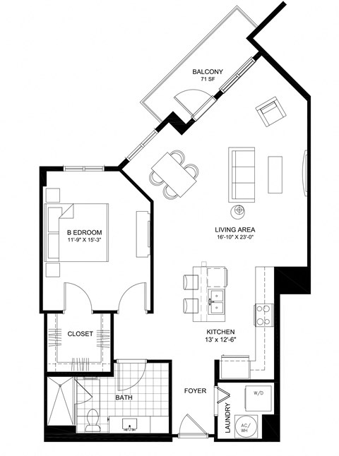 Floor plan for 1 bed, 1 bath, 967 sqft