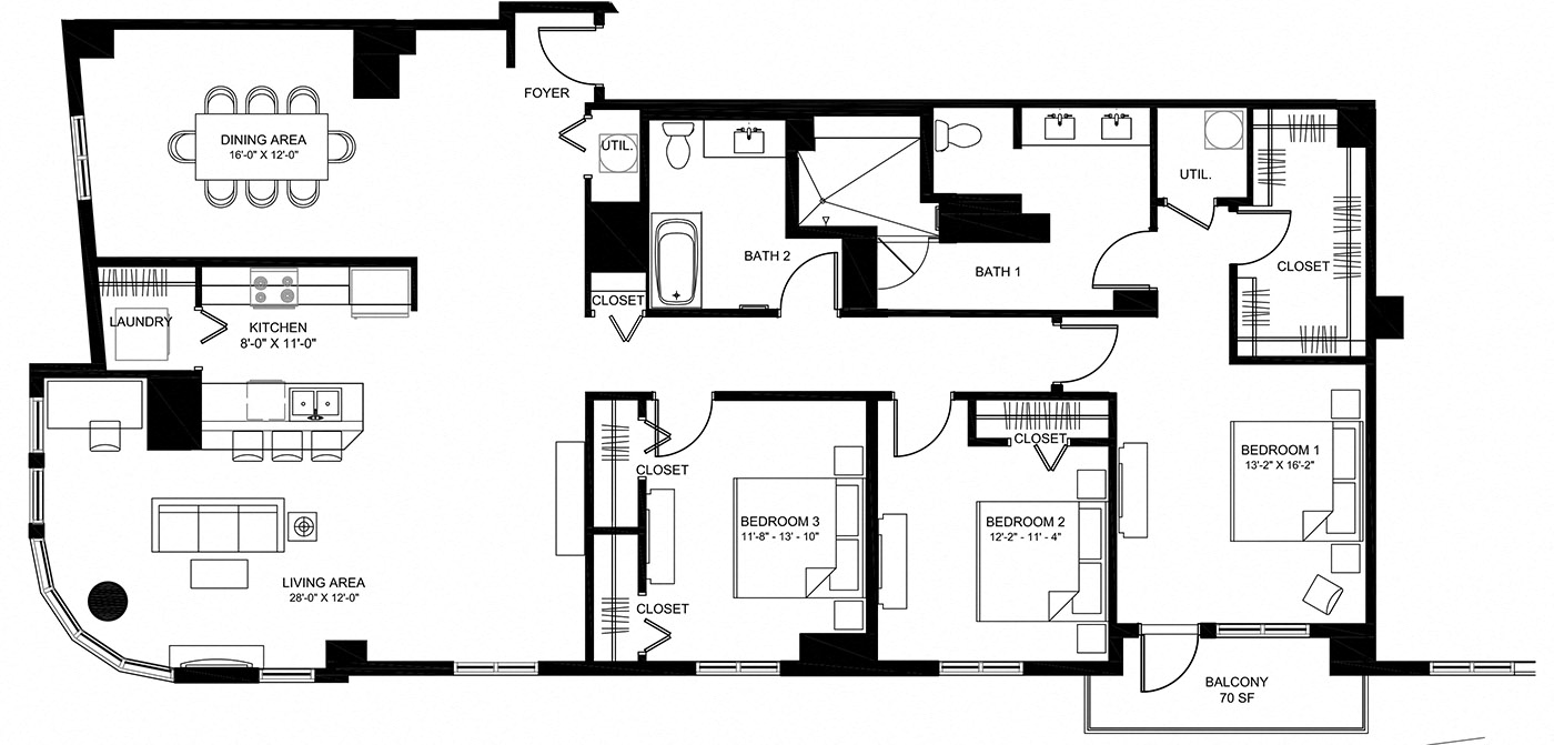 Floor plan for 3 beds, 2 baths, 2185 sqft