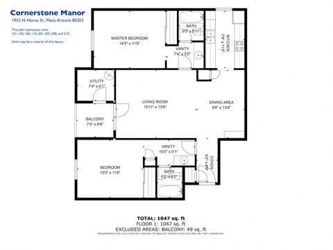 Floor plan for 2 beds, 2 baths, 1250 sqft