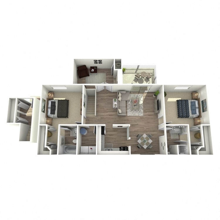 Floor plan for 2 beds, 2 baths, 1299 sqft