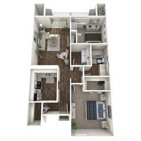Floor plan for 2 beds, 1 bath, 885 sqft