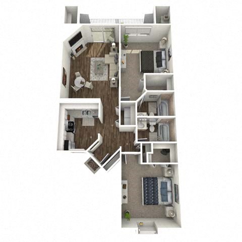 Floor plan for 2 beds, 2 baths, 970 sqft