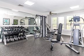 Kalamazoo apartment for rent - the gym is equipped with weights and cardio equipment at the preserve at great neck apartments