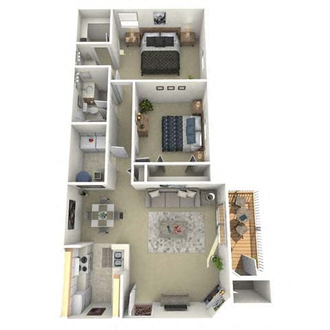 Floor plan for 2 beds, 1 bath, 970 sqft