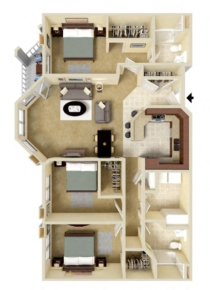 Floor plan for 3 beds, 2 baths, 1280 sqft