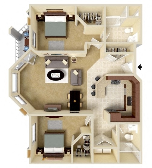 Floor plan for 2 beds, 2 baths, 1079 sqft