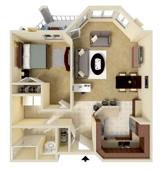 Floor plan for 1 bed, 1 bath, 830 sqft