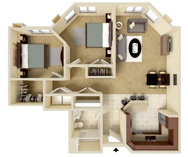 Floor plan for 2 beds, 1 bath, 946 sqft