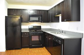 Mascoutah apartment for rent - L-shaped kitchen with dark cabinets and gray countertop